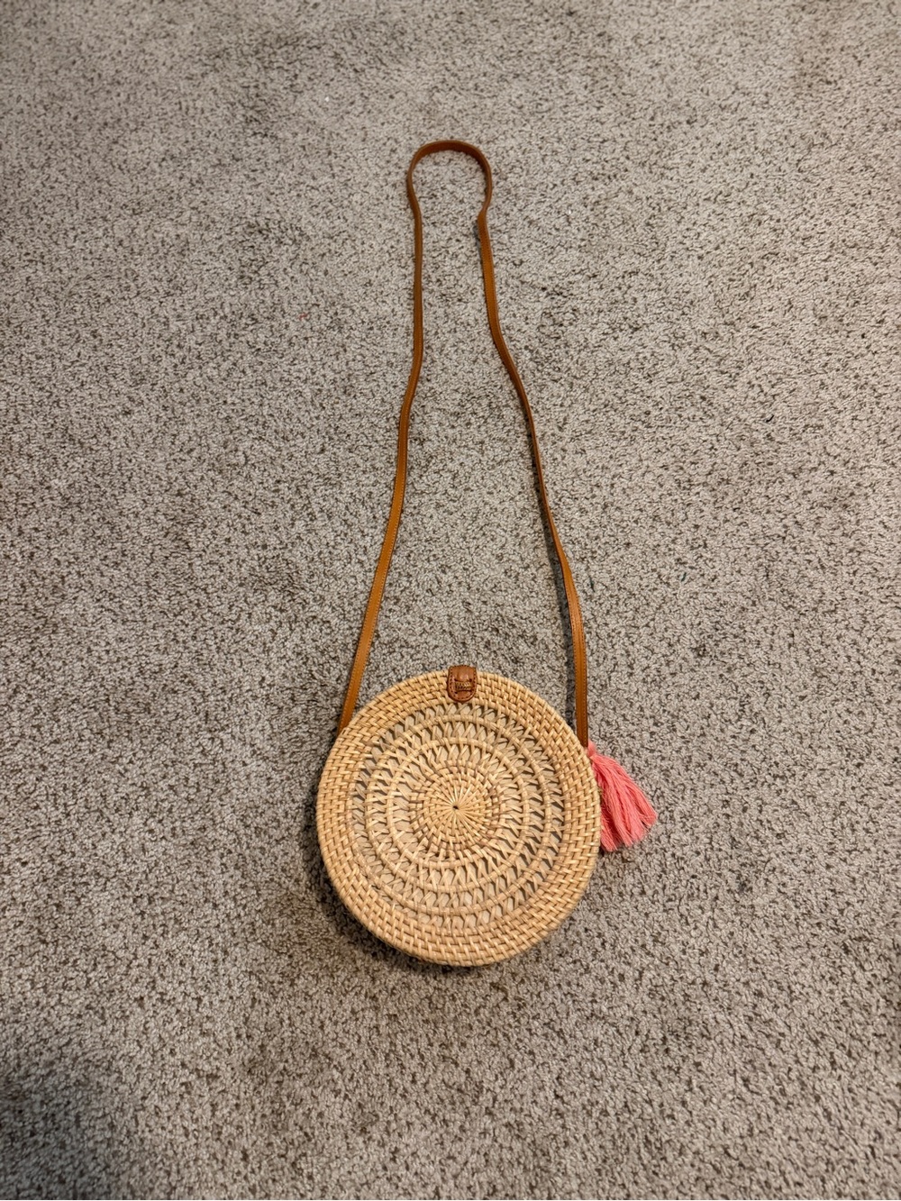 Woven Round Crossbody Bag with Pink Tassel